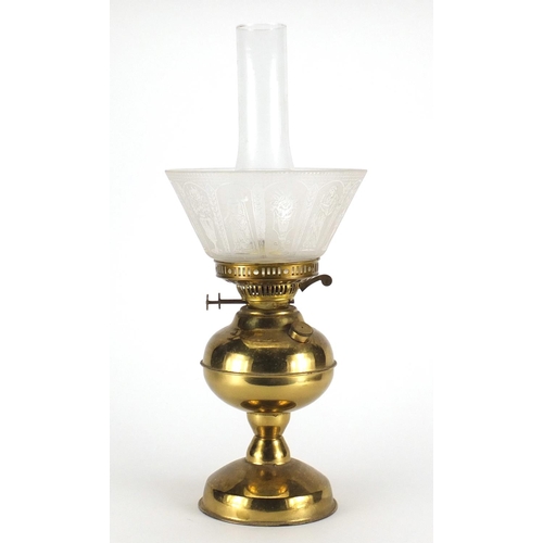 2260 - Vintage brass oil lamp with glass funnel and shade etched with maidens and flowers, 48cm high