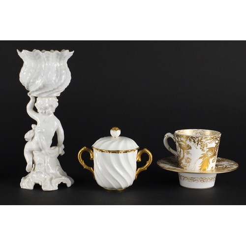 2293 - Cream and gilt porcelain comprising a Royal Crown Derby gold Aves Tasse Tremblant, Coalport cup and ... 