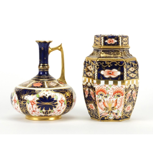 2556 - Royal Crown Derby Old Imari jug and hexagonal tea caddy with cover, the largest  12cm high