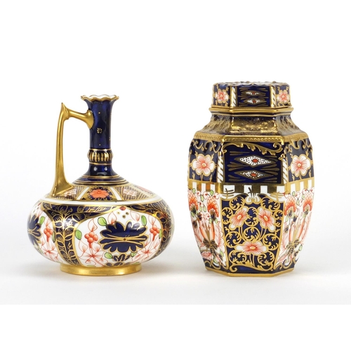 2556 - Royal Crown Derby Old Imari jug and hexagonal tea caddy with cover, the largest  12cm high