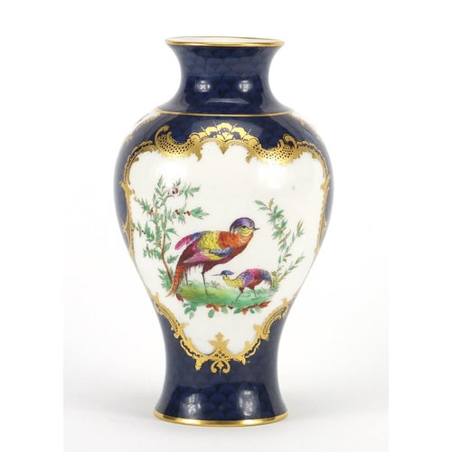 2545 - Royal Worcester blue scale baluster vase, hand painted with exotic birds by Charles Creese, factory ... 