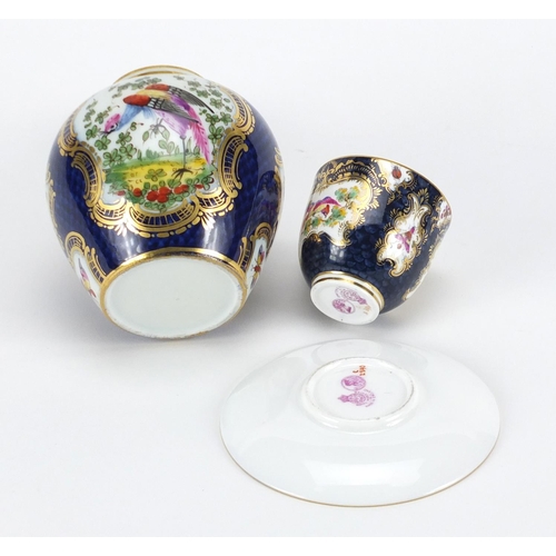 2547 - Royal Worcester blue scale cup and saucer and a similar vase and cover, both hand painted with exoti... 