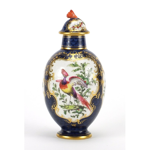 2546 - Worcester Royal China Works blue scale vase and cover, hand painted with exotic birds and insects, n... 