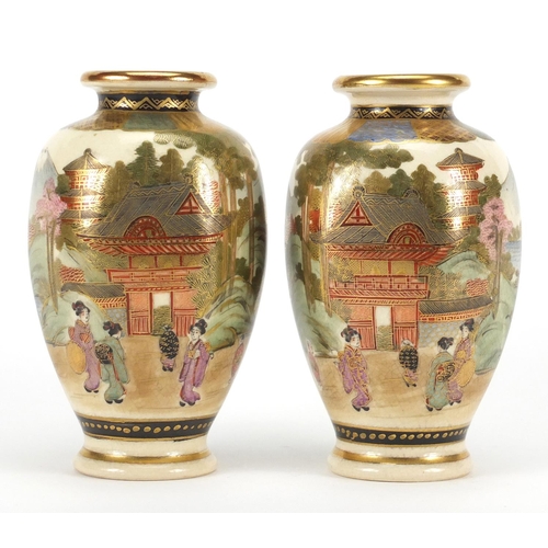 2466 - Pair of Japanese Satsuma pottery vases with hexagonal bodies, each hand painted with Geisha's in lan... 