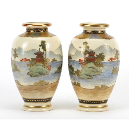 2466 - Pair of Japanese Satsuma pottery vases with hexagonal bodies, each hand painted with Geisha's in lan... 
