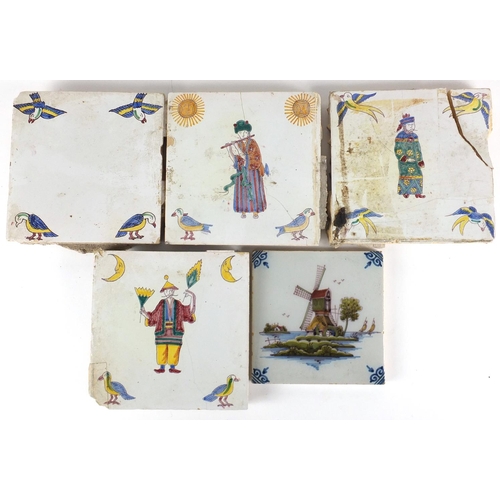 2429 - Five Dutch Delft tiles including three hand painted with chinoiserie figures, the largest four 15.5c... 