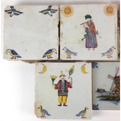 2429 - Five Dutch Delft tiles including three hand painted with chinoiserie figures, the largest four 15.5c... 