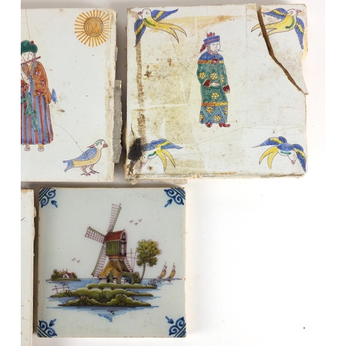 2429 - Five Dutch Delft tiles including three hand painted with chinoiserie figures, the largest four 15.5c... 