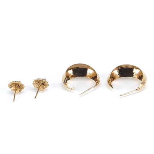 3005 - Pair of 9ct gold hoop earrings and sapphire stud earrings, approximate weight 3.3g