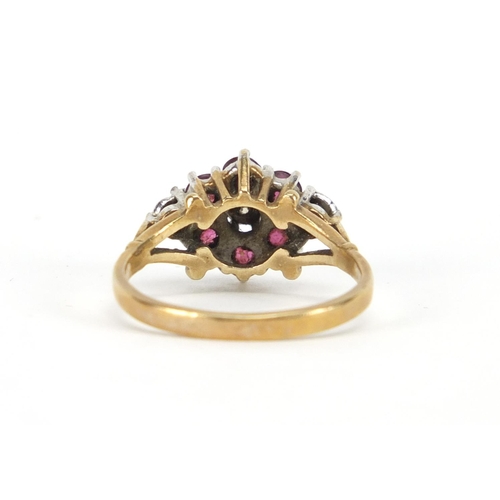2921 - 9ct gold diamond and pink stone flower head ring, size N, approximate weight 3.0g