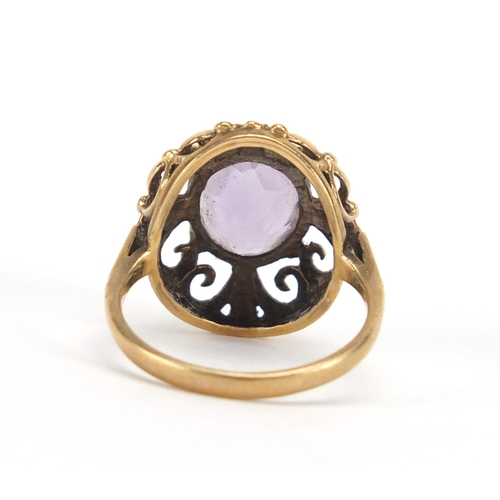 2928 - 9ct gold amethyst solitaire ring, size O, approximate weight 4.5g