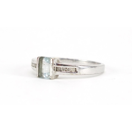 3081 - 9ct white gold blue stone ring with diamond shoulders, size P, approximate weight 2.5g