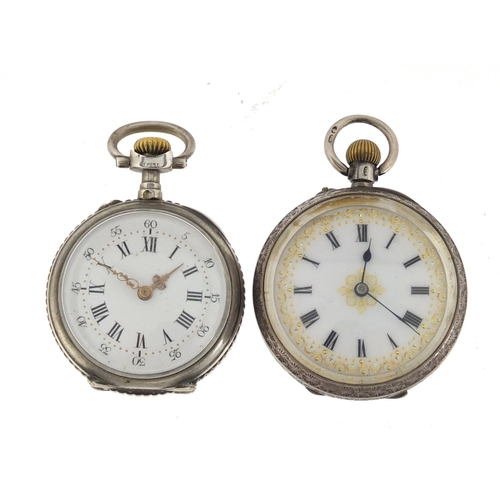 2922 - Two ladies silver pocket watches with enamelled dials and engraved decoration, the largest 3.5cm in ... 