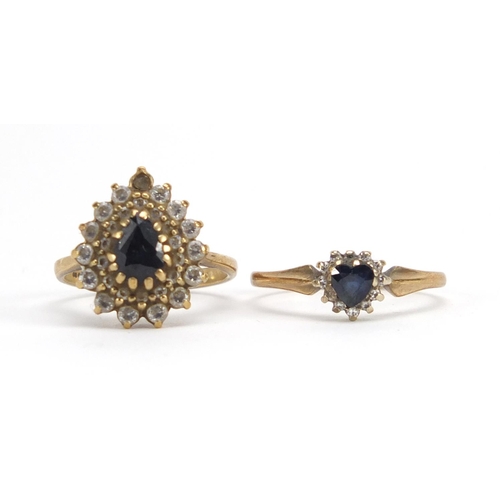 2917 - 9ct gold sapphire and diamond love heart ring and a 9ct gold sapphire and clear stone ring, size L, ... 