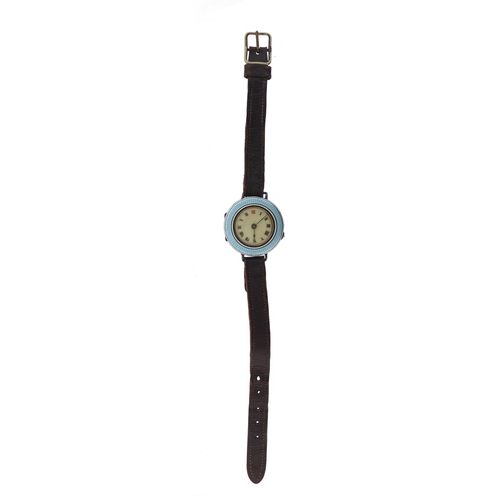 3071 - Silver and blue guilloche enamel wristwatch, 2.9cm in diameter
