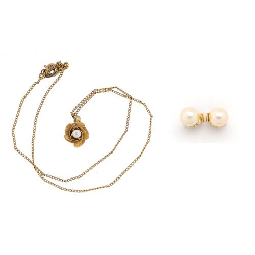 3057 - 9ct gold pearl rose pendant on a gilt metal chain and a pair of 9ct gold simulated pearl earrings