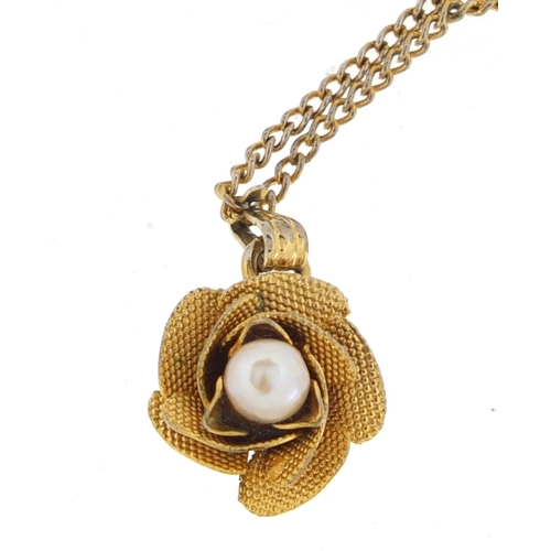 3057 - 9ct gold pearl rose pendant on a gilt metal chain and a pair of 9ct gold simulated pearl earrings