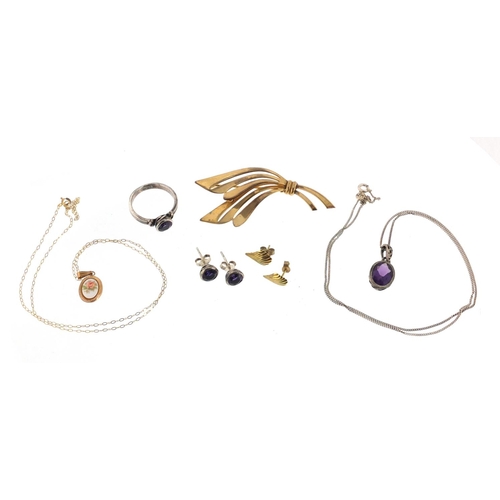 3088 - Jewellery including silver and amethyst sweet, gold coloured metal brooch and shell earrings