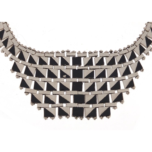 3070 - Art Deco silver coloured metal and black enamel necklace, 40cm in length, approximate weight 77.0g