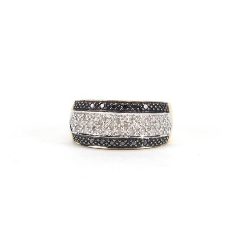 2891 - 9ct gold black and white diamond three row half eternity ring, size L, approximate weight 4.5g