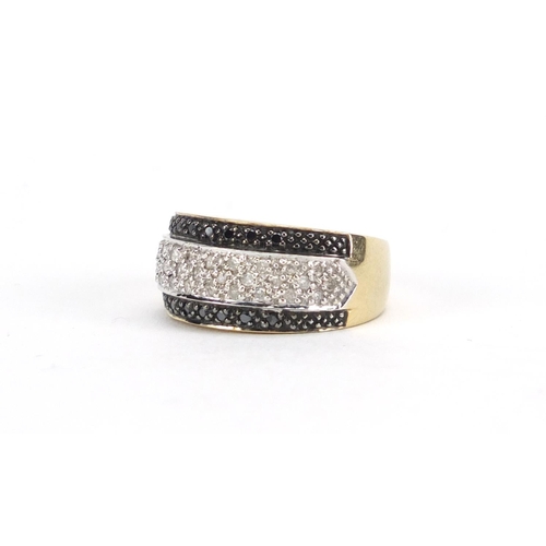 2891 - 9ct gold black and white diamond three row half eternity ring, size L, approximate weight 4.5g