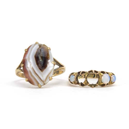 2897 - 9ct gold agate ring and a 9ct gold opal ring, approximate weight 5.7g