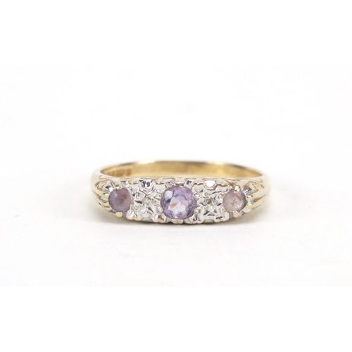 3011 - 9ct gold amethyst and diamond ring, size N, approximate weight 1.9g