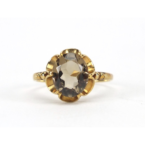3034 - 9ct gold smoky quartz ring, size M, approximate weight 1.9g