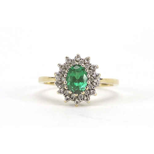 3007 - 9ct gold green and clear stone cluster ring, size N, approximate weight 3.3g