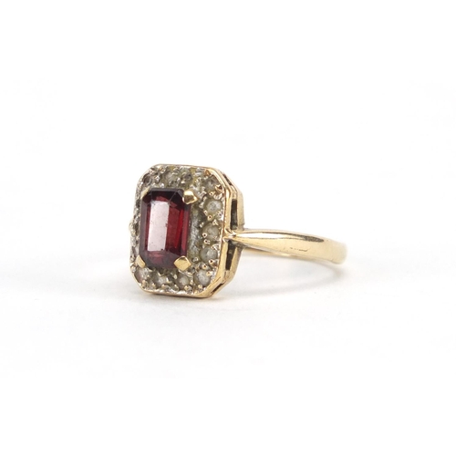 3017 - 9ct gold garnet and clear stone ring, size N, approximate weight 2.9g