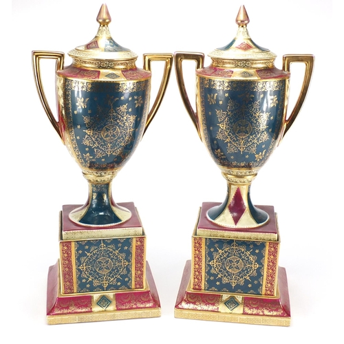 2542 - Large pair of Austrian Vienna style porcelain vases and covers with twin handles, each decorated wit... 