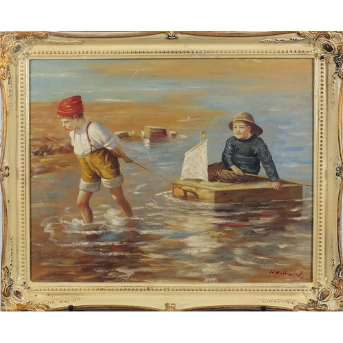 2496 - Two children playing on the beach, Scottish impressionist oil on board, bearing an indistinct signat... 