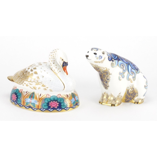 2527 - Two Royal Crown Derby paperweights with stoppers comprising polar bear and swan, the largest 10.5cm ... 