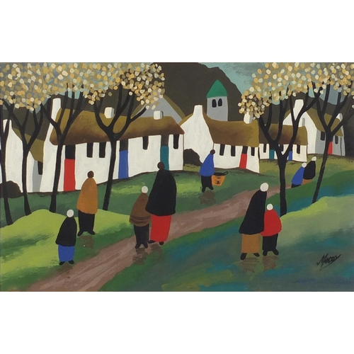 2234 - Figures by cottages, Irish school gouache on card, bearing a signature Markey, mounted and framed, 4... 