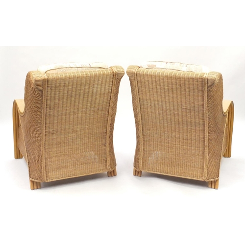 2086 - Pair of contemporary light wood and rattan chairs, 95cm high