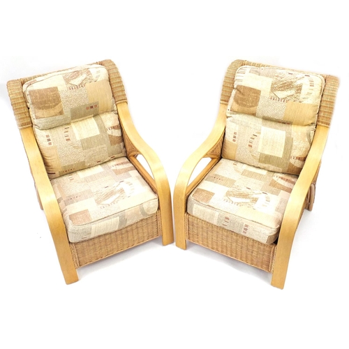 2086 - Pair of contemporary light wood and rattan chairs, 95cm high
