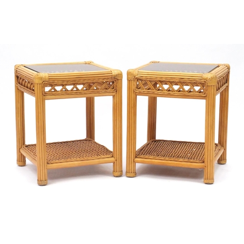 2087 - Pair of cane and rattan side tables with glass tops and under tier, 57cm H x 46cm W x 46cm D