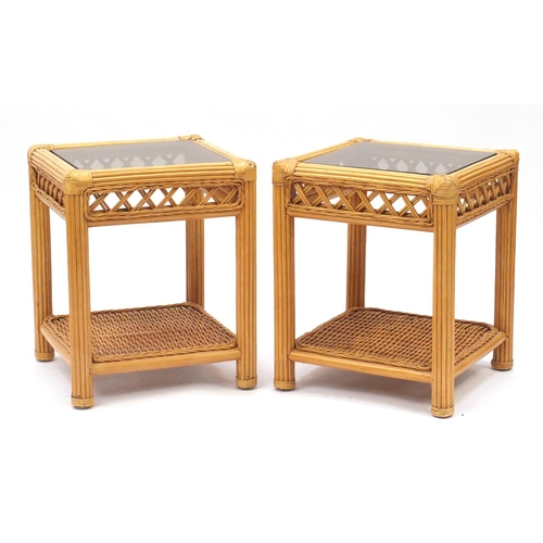 2087 - Pair of cane and rattan side tables with glass tops and under tier, 57cm H x 46cm W x 46cm D