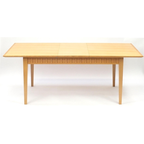2024 - Contemporary light oak extending dining table with extra leaf and four chairs, the table 76cm H x 20... 