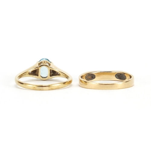 3041 - 9ct gold blue stone and diamond ring and a 9ct gold black enamel ring, sizes L and M,  approximate w... 