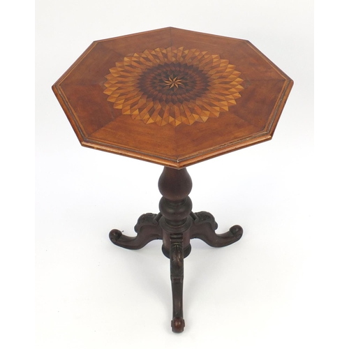 2019 - Parquetry inlaid octagonal snap top occasional table with tripod base, 73cm high x 57cm wide