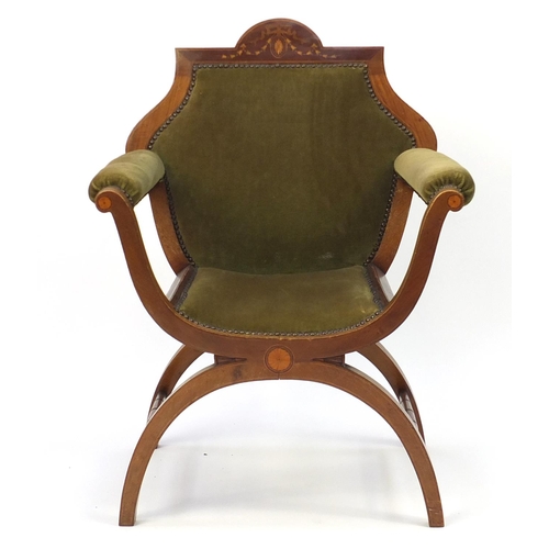 2049 - Edwardian inlaid mahogany X framed throne chair with green upholstery, 88cm high