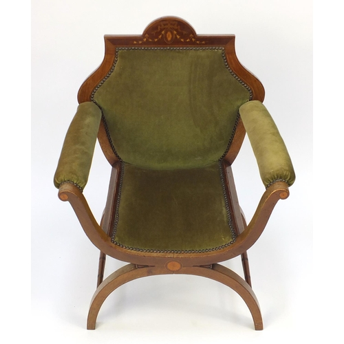 2049 - Edwardian inlaid mahogany X framed throne chair with green upholstery, 88cm high