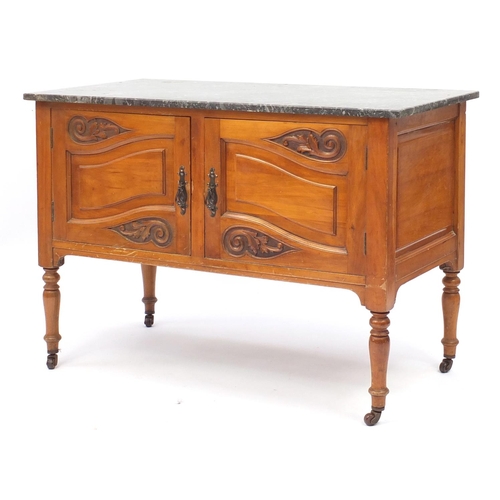 2065 - Edwardian satin walnut wash stand with grey marble top and a pair of cupboard doors, 75cm H x 106cm ... 