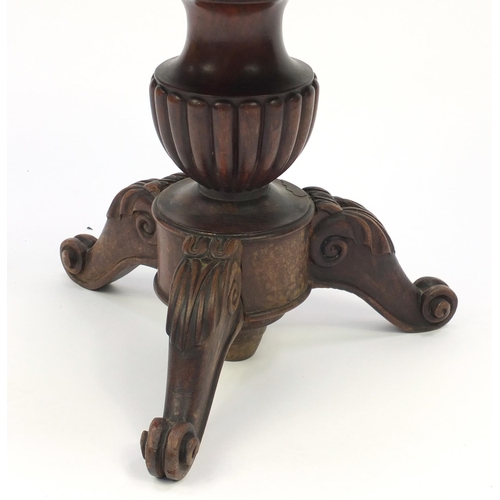2071 - Victorian carved mahogany adjustable piano stool, with brown leather top and scroll feet, 48cm high
