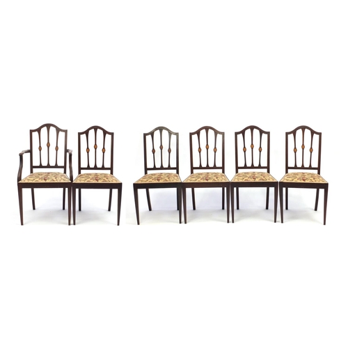 2118 - Set of six Edwardian inlaid mahogany dining chairs including a carver, with floral upholstered seats... 