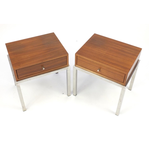 2120 - Pair of contemporary chrome and American walnut  night stands fitted with a drawer, 55cm H x 48cm W ... 