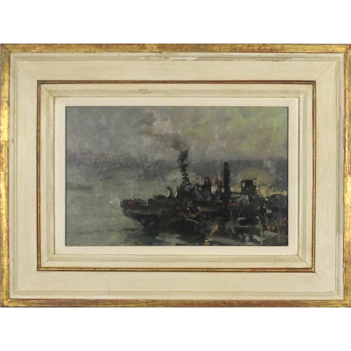 2364 - Ken Moroney - Tug Boats, oil on board, artist's studio stamp verso, mounted and framed, 35cm x 21.5c... 