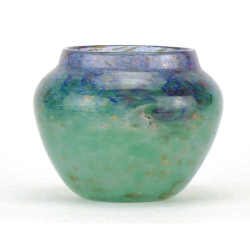 2277 - Monart purple and green glass vase, having a swirl design with gold flecking, 10.5cm high