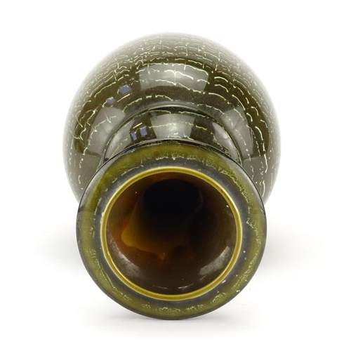2209 - Christopher Dresser design Linthorpe pottery vase having a combed green and brown glaze, impressed m... 